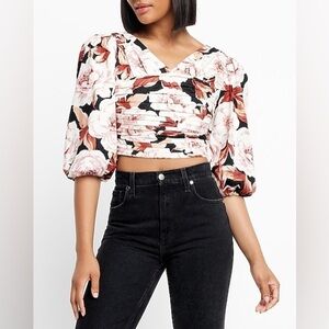 Express Floral Print Linen-Blend Ruched Cropped Puff Sleeve Top Blouse